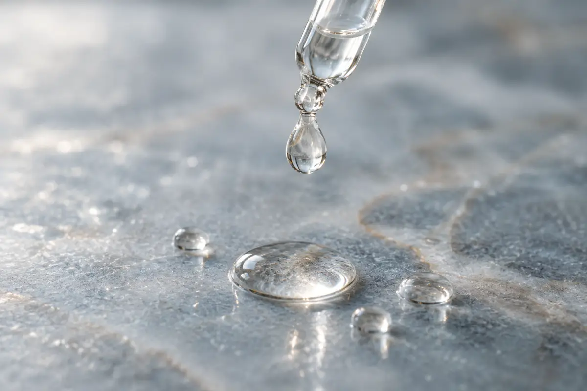 A drop of clear serum falling from a glass dropper onto pale blue-gray stone