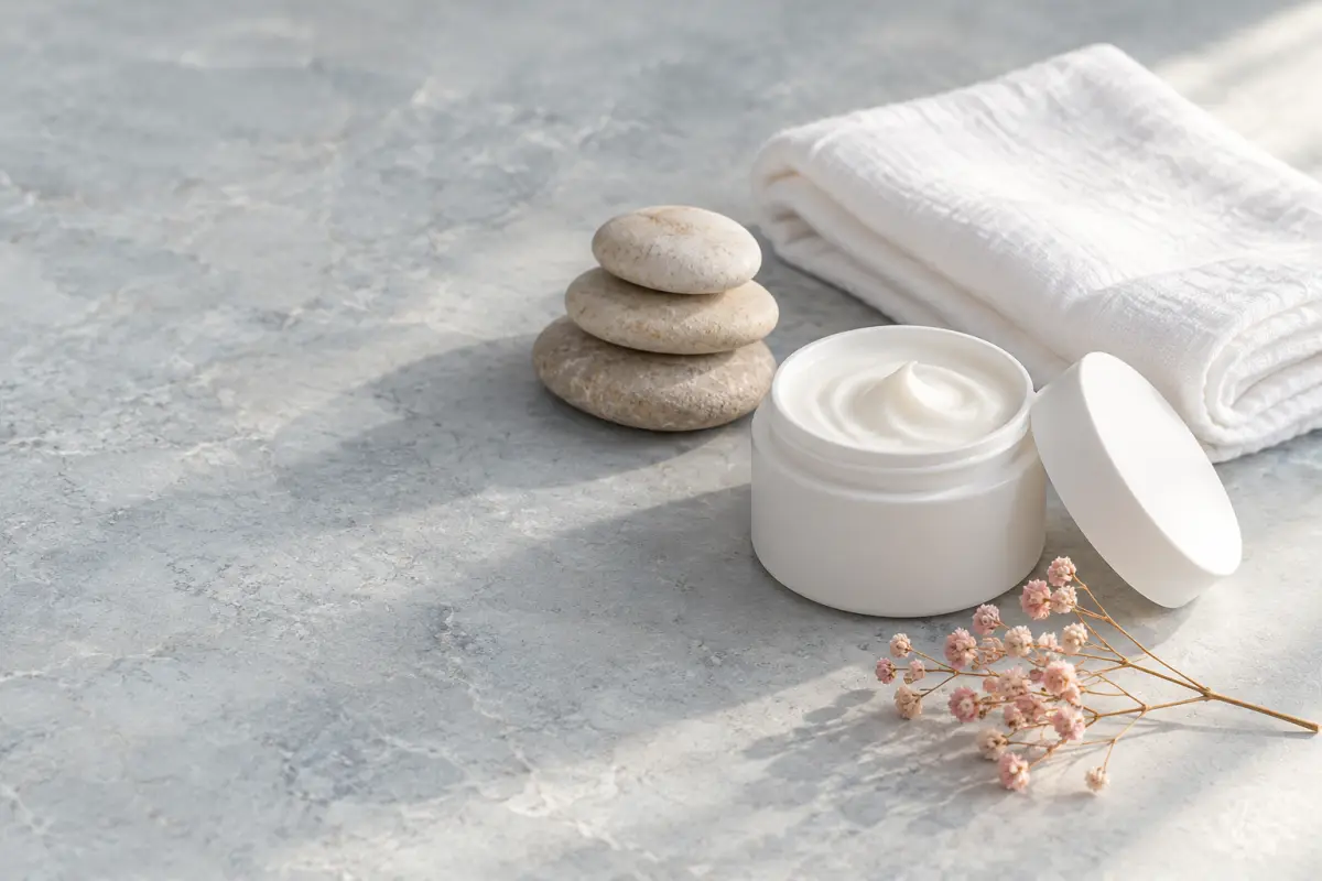 A blank porcelain jar of white cream beside stacked pale stones, a folded white towel and a sprig of dried pink flowers